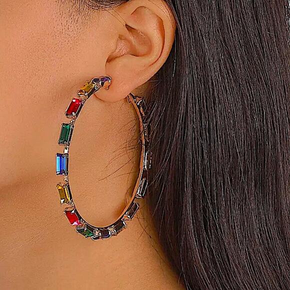 Gold Multi Color Hoop Rhinestone Earrings - Picture 1 of 4